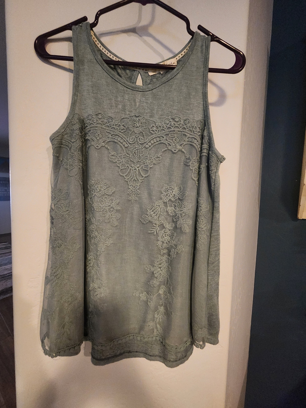 Rewind Sage Green Sleeveless Lace-Trim Tunic